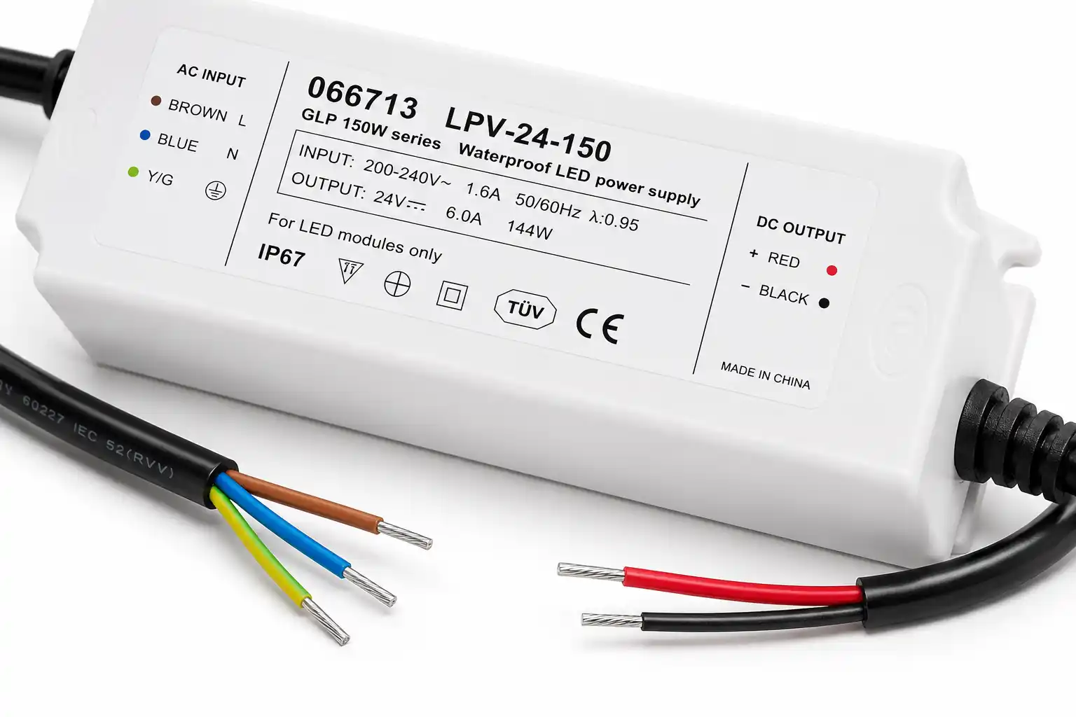 Detail kabelových vývodů LED napájecího zdroje 24V 144W IP67 — vstupní a výstupní vodiče